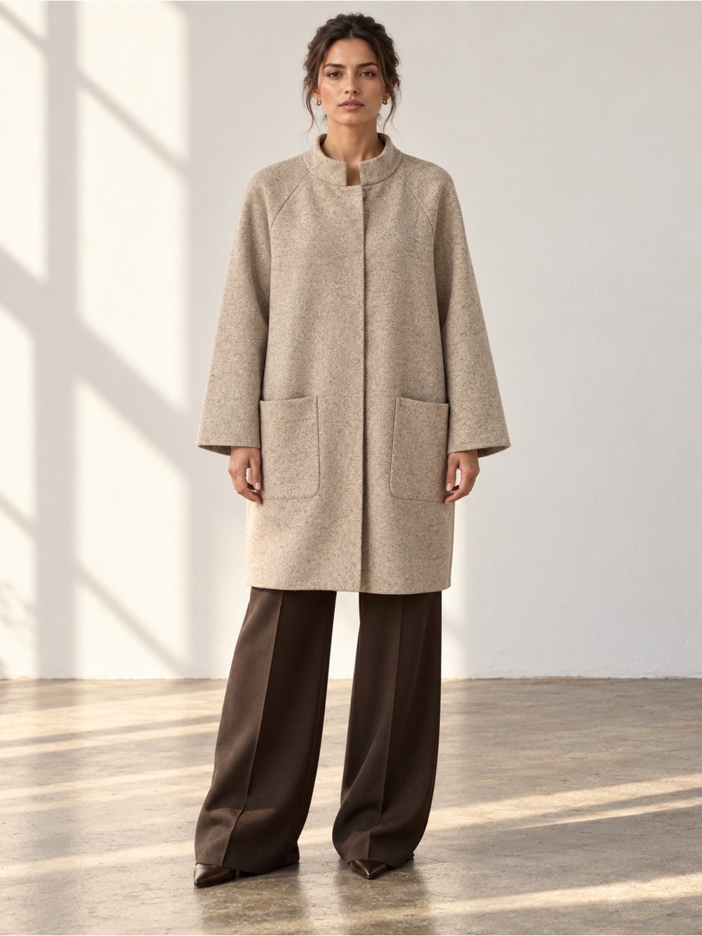 Paucinni Cashmere Wool Coat Greige Mandarin Collar Minimalist EU 42 US 10